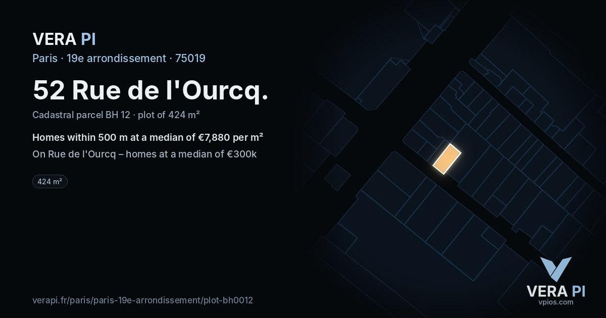 52 Rue de l'Ourcq, 19e arrondissement at night – the plot lit, the parcels around coloured by the prices near them
