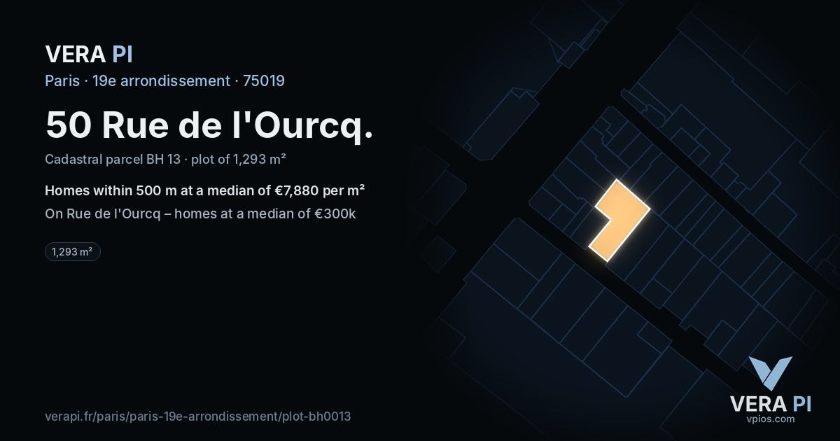 50 Rue de l'Ourcq, 19e arrondissement at night – the plot lit, the parcels around coloured by the prices near them
