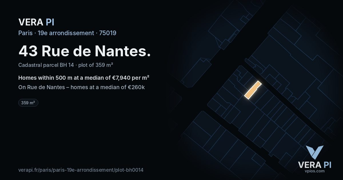 43 Rue de Nantes, 19e arrondissement at night – the plot lit, the parcels around coloured by the prices near them