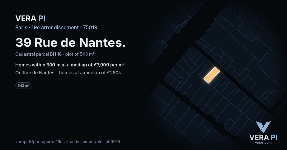 39 Rue de Nantes, 19e arrondissement at night – the plot lit, the parcels around coloured by the prices near them