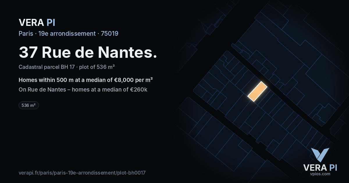 37 Rue de Nantes, 19e arrondissement at night – the plot lit, the parcels around coloured by the prices near them