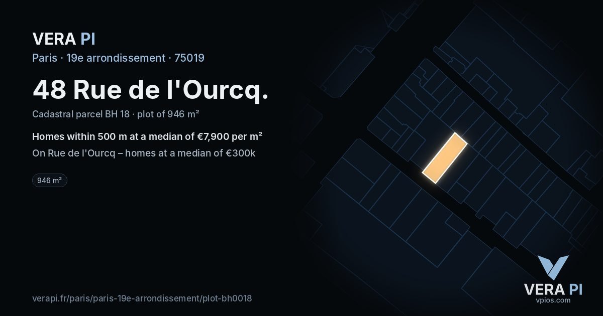 48 Rue de l'Ourcq, 19e arrondissement at night – the plot lit, the parcels around coloured by the prices near them