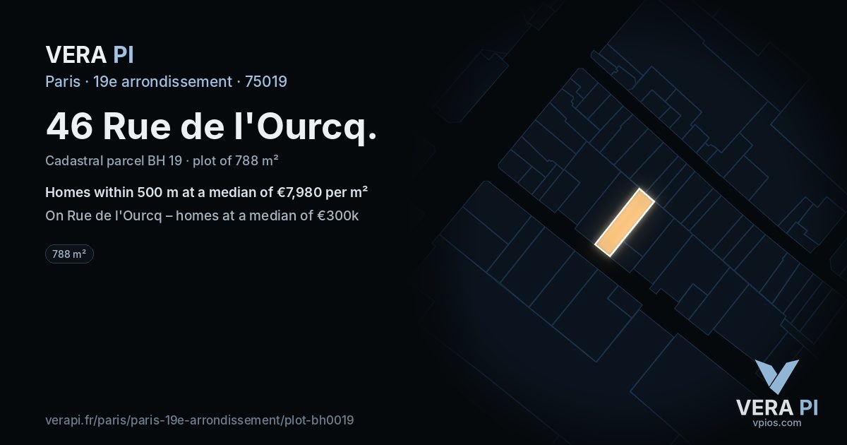 46 Rue de l'Ourcq, 19e arrondissement at night – the plot lit, the parcels around coloured by the prices near them