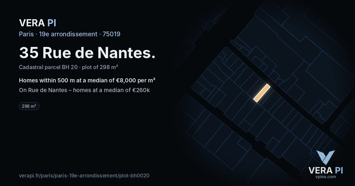 35 Rue de Nantes, 19e arrondissement at night – the plot lit, the parcels around coloured by the prices near them