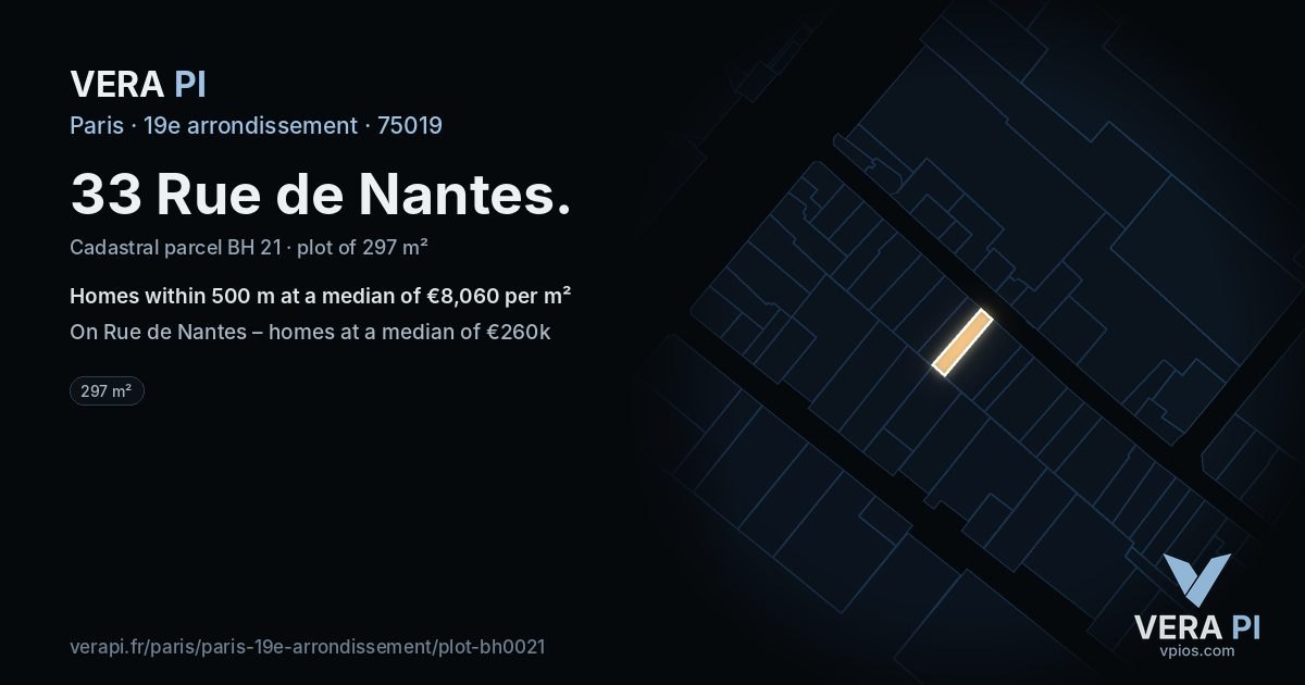33 Rue de Nantes, 19e arrondissement at night – the plot lit, the parcels around coloured by the prices near them