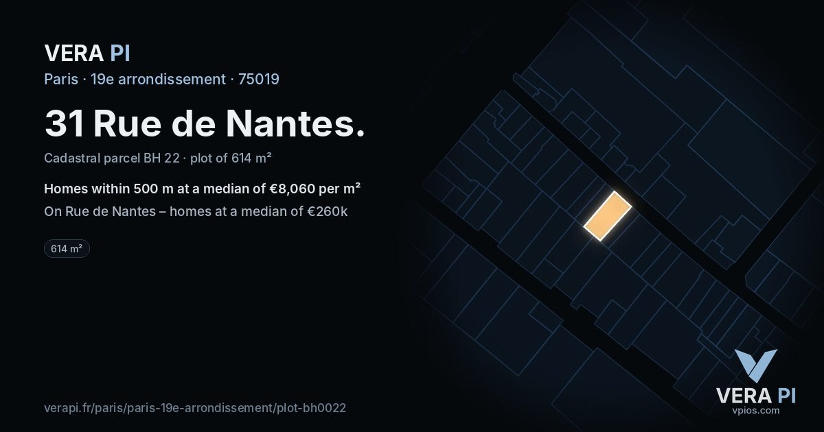 31 Rue de Nantes, 19e arrondissement at night – the plot lit, the parcels around coloured by the prices near them