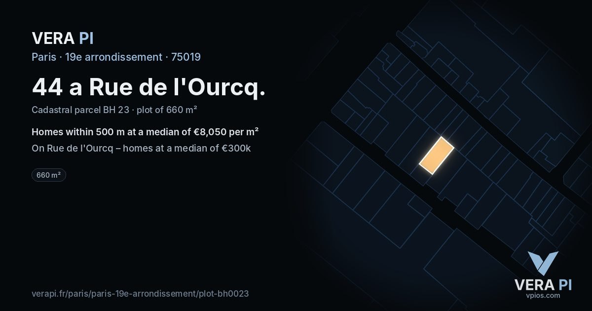 44 a Rue de l'Ourcq, 19e arrondissement at night – the plot lit, the parcels around coloured by the prices near them
