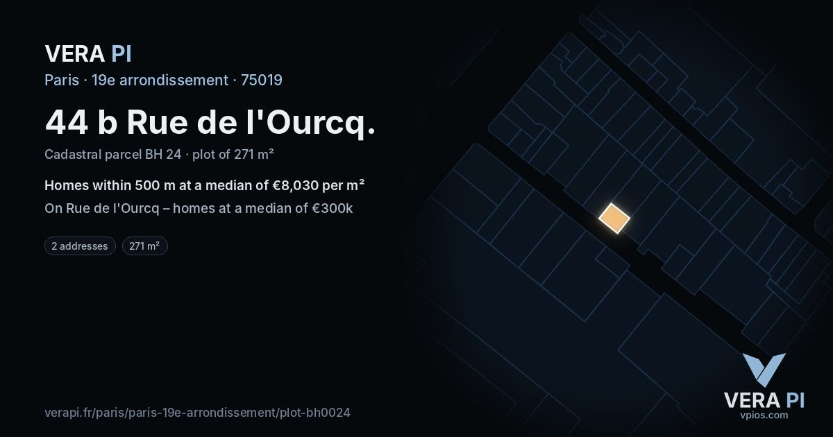 44 b Rue de l'Ourcq, 19e arrondissement at night – the plot lit, the parcels around coloured by the prices near them