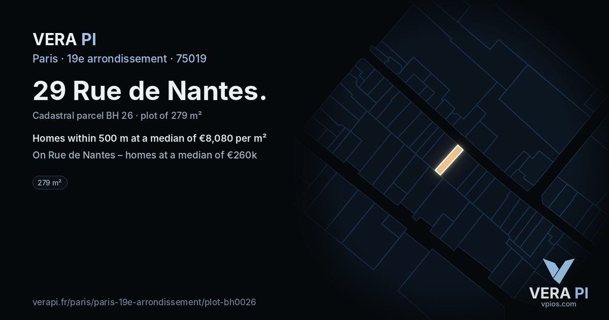 29 Rue de Nantes, 19e arrondissement at night – the plot lit, the parcels around coloured by the prices near them