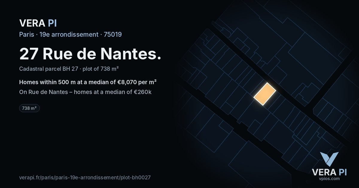 27 Rue de Nantes, 19e arrondissement at night – the plot lit, the parcels around coloured by the prices near them