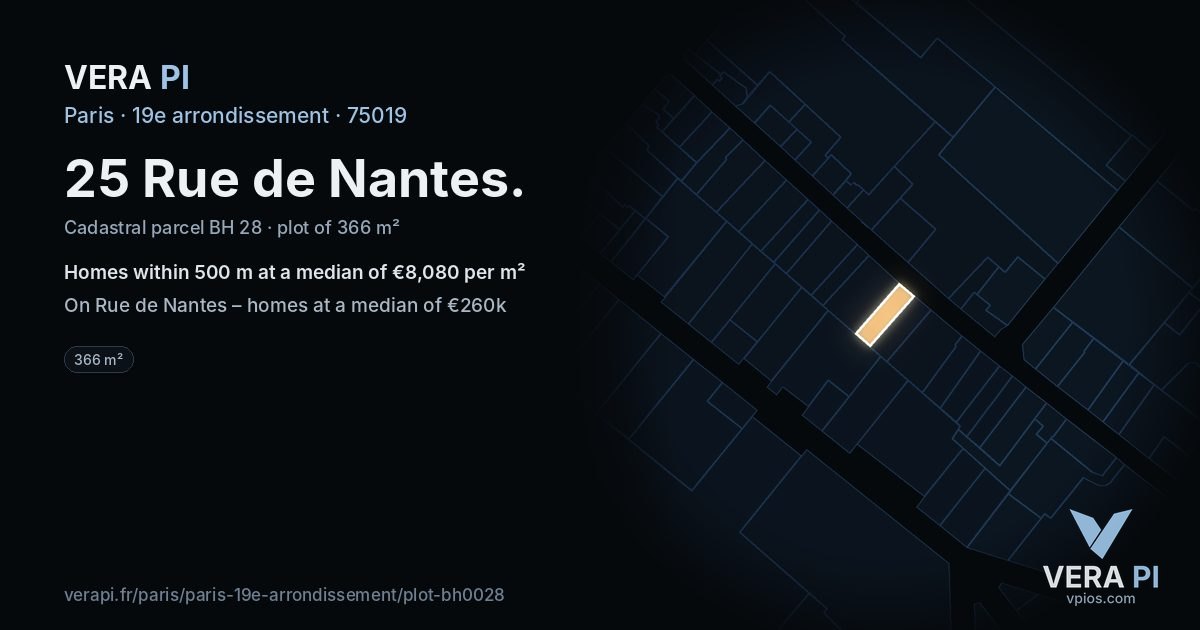 25 Rue de Nantes, 19e arrondissement at night – the plot lit, the parcels around coloured by the prices near them