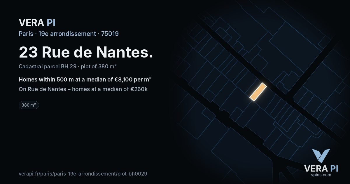 23 Rue de Nantes, 19e arrondissement at night – the plot lit, the parcels around coloured by the prices near them
