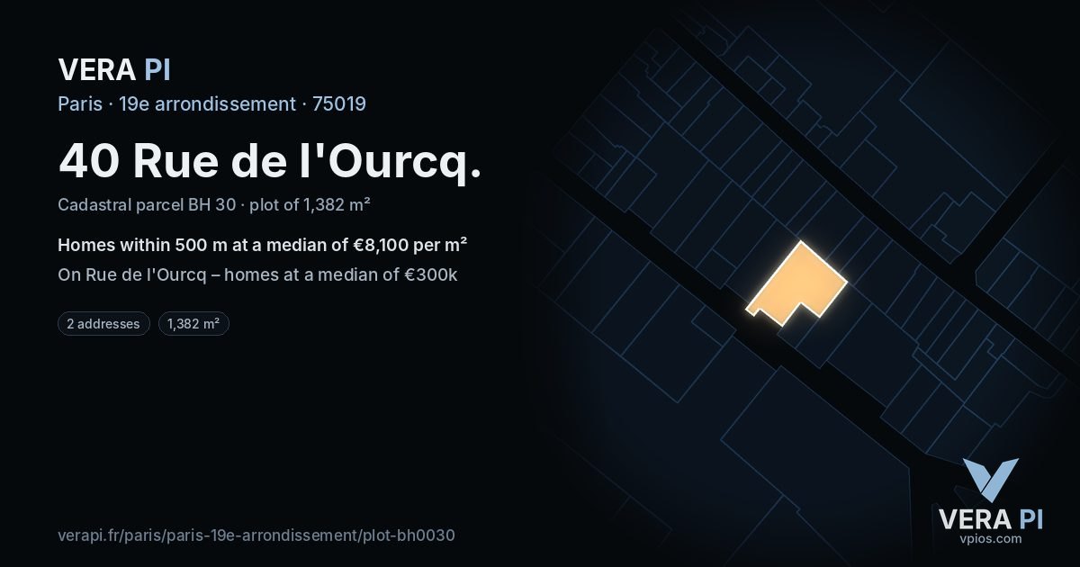40 Rue de l'Ourcq, 19e arrondissement at night – the plot lit, the parcels around coloured by the prices near them