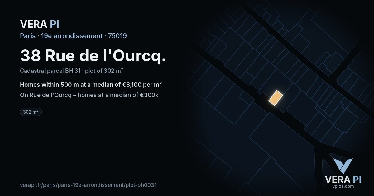 38 Rue de l'Ourcq, 19e arrondissement at night – the plot lit, the parcels around coloured by the prices near them