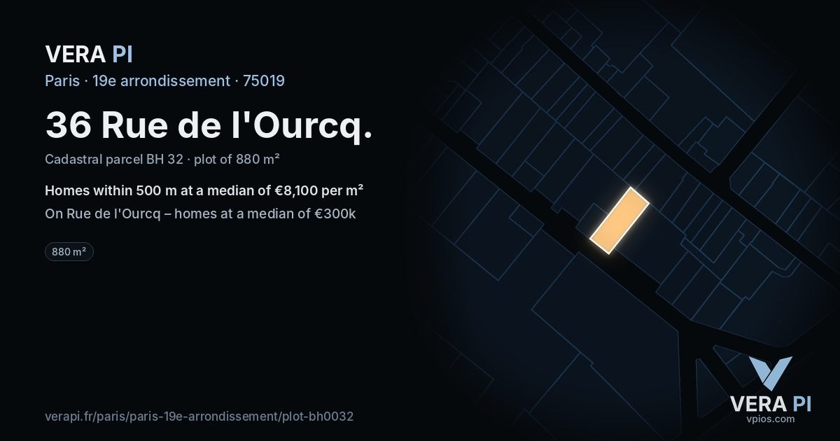 36 Rue de l'Ourcq, 19e arrondissement at night – the plot lit, the parcels around coloured by the prices near them