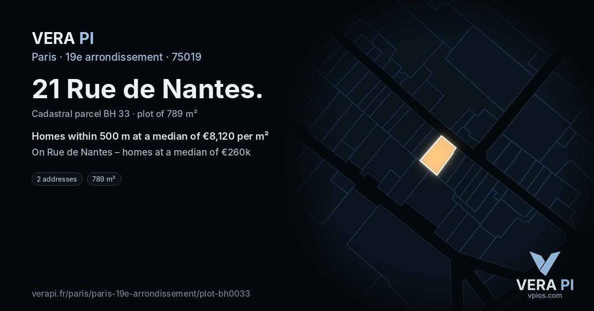 21 Rue de Nantes, 19e arrondissement at night – the plot lit, the parcels around coloured by the prices near them