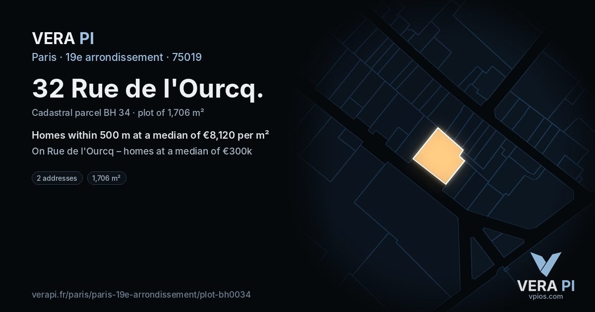 32 Rue de l'Ourcq, 19e arrondissement at night – the plot lit, the parcels around coloured by the prices near them