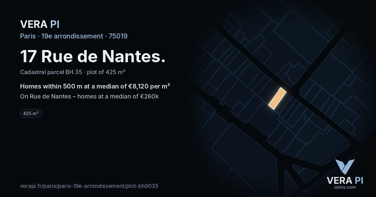 17 Rue de Nantes, 19e arrondissement at night – the plot lit, the parcels around coloured by the prices near them
