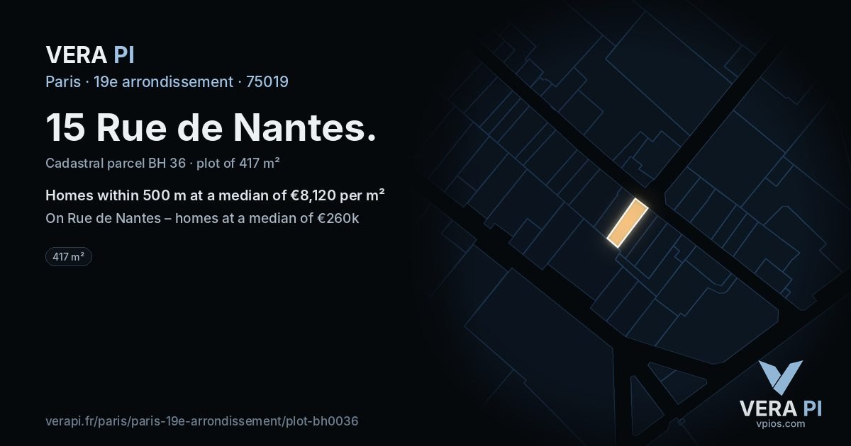 15 Rue de Nantes, 19e arrondissement at night – the plot lit, the parcels around coloured by the prices near them