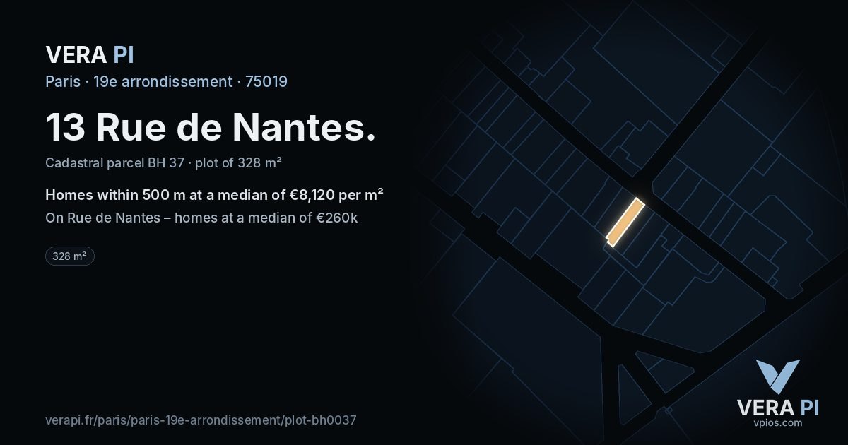 13 Rue de Nantes, 19e arrondissement at night – the plot lit, the parcels around coloured by the prices near them
