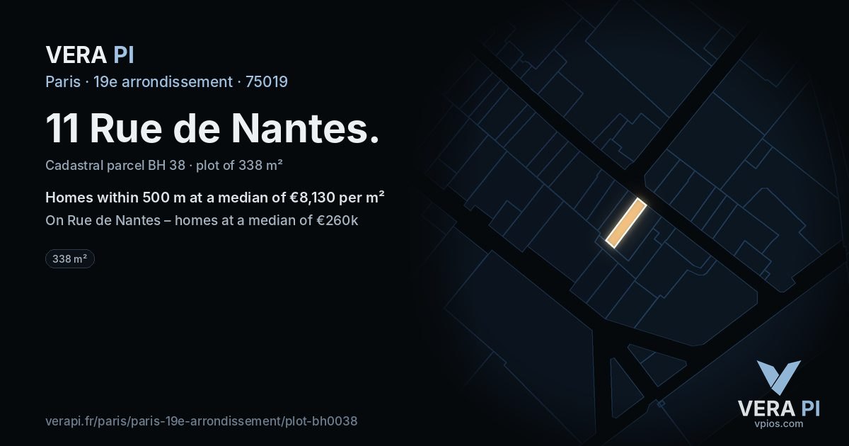 11 Rue de Nantes, 19e arrondissement at night – the plot lit, the parcels around coloured by the prices near them