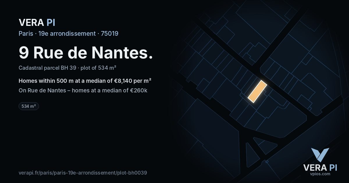 9 Rue de Nantes, 19e arrondissement at night – the plot lit, the parcels around coloured by the prices near them