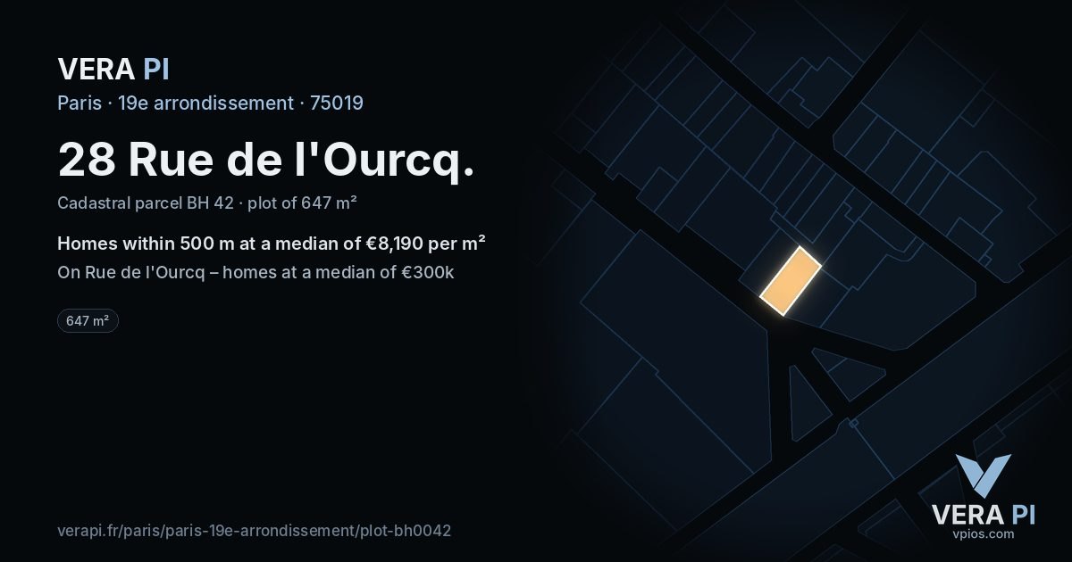 28 Rue de l'Ourcq, 19e arrondissement at night – the plot lit, the parcels around coloured by the prices near them