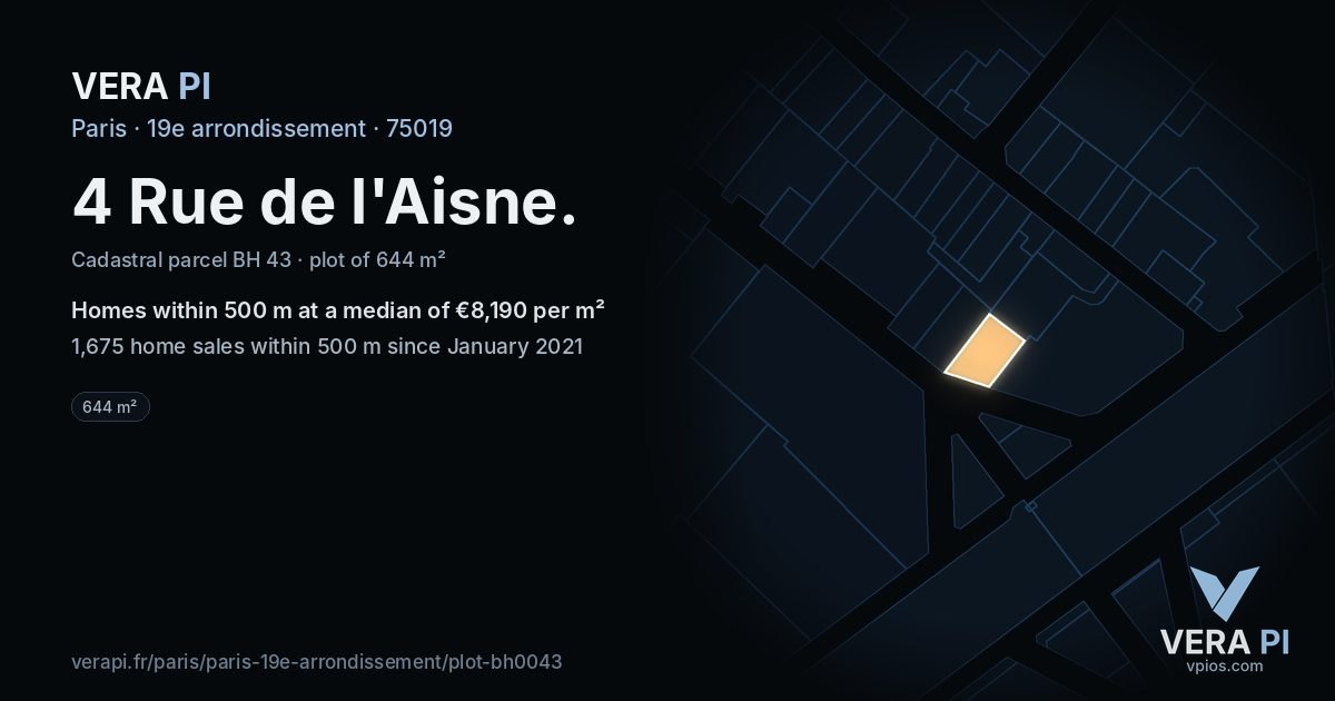 4 Rue de l'Aisne, 19e arrondissement at night – the plot lit, the parcels around coloured by the prices near them