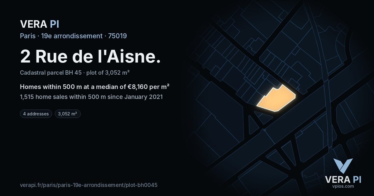 2 Rue de l'Aisne, 19e arrondissement at night – the plot lit, the parcels around coloured by the prices near them