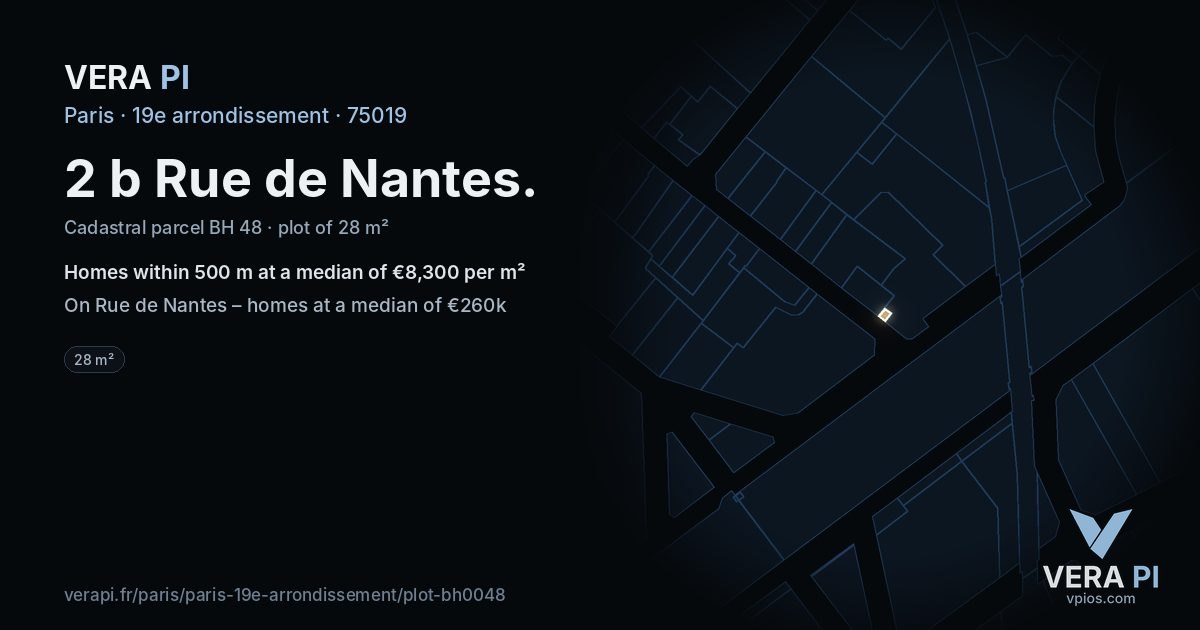 2 b Rue de Nantes, 19e arrondissement at night – the plot lit, the parcels around coloured by the prices near them