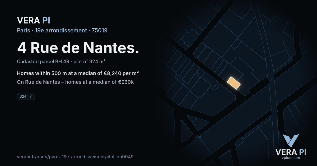 4 Rue de Nantes, 19e arrondissement at night – the plot lit, the parcels around coloured by the prices near them