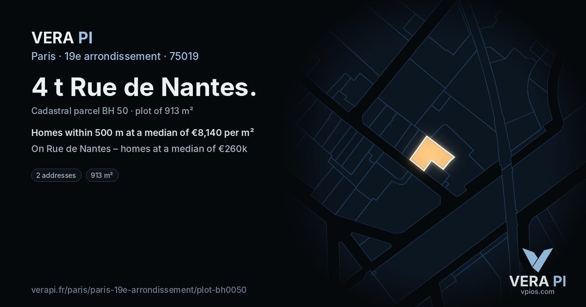 4 t Rue de Nantes, 19e arrondissement at night – the plot lit, the parcels around coloured by the prices near them
