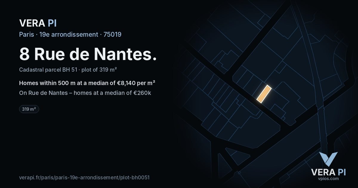 8 Rue de Nantes, 19e arrondissement at night – the plot lit, the parcels around coloured by the prices near them