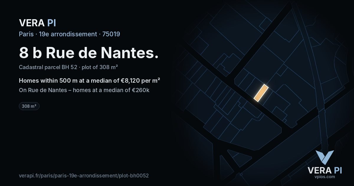 8 b Rue de Nantes, 19e arrondissement at night – the plot lit, the parcels around coloured by the prices near them