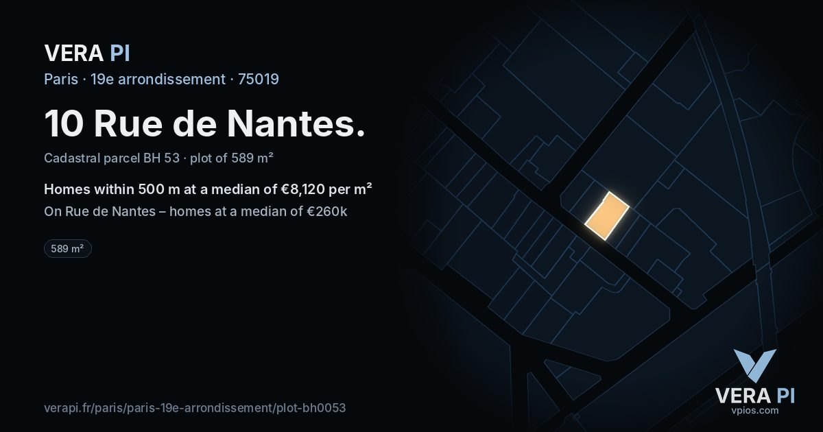 10 Rue de Nantes, 19e arrondissement at night – the plot lit, the parcels around coloured by the prices near them