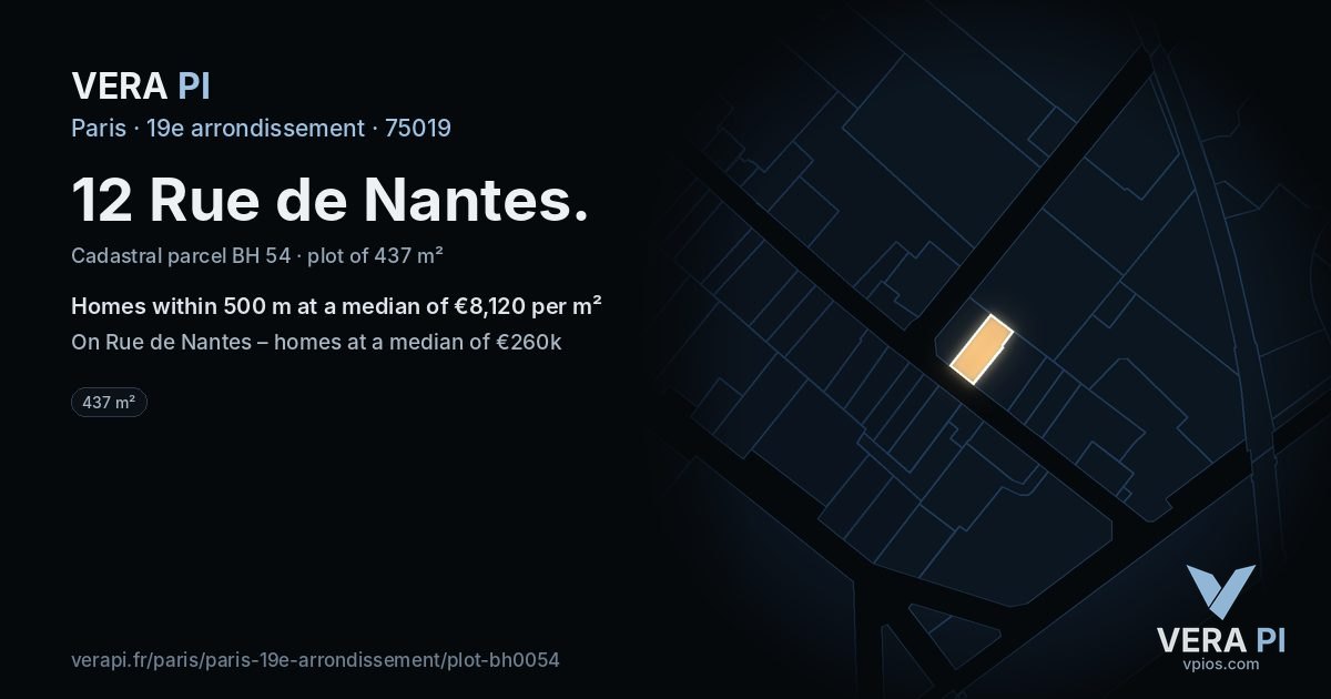 12 Rue de Nantes, 19e arrondissement at night – the plot lit, the parcels around coloured by the prices near them