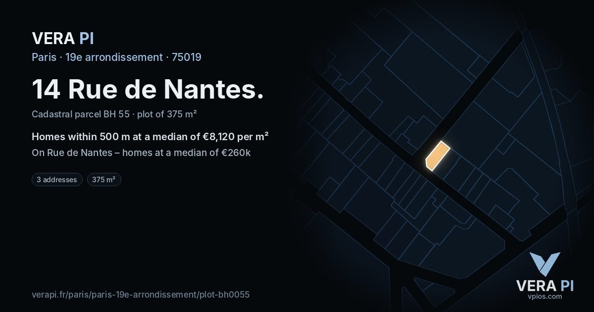 14 Rue de Nantes, 19e arrondissement at night – the plot lit, the parcels around coloured by the prices near them