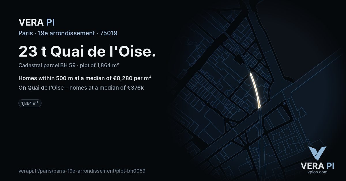 23 t Quai de l'Oise, 19e arrondissement at night – the plot lit, the parcels around coloured by the prices near them