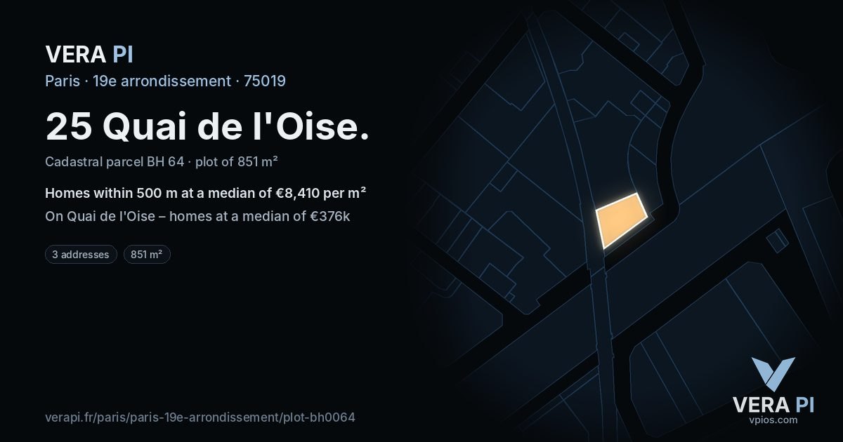 25 Quai de l'Oise, 19e arrondissement at night – the plot lit, the parcels around coloured by the prices near them