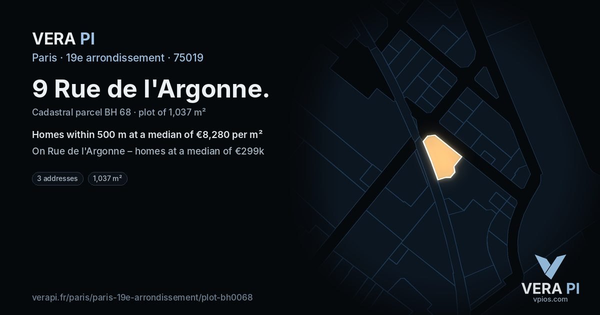 9 Rue de l'Argonne, 19e arrondissement at night – the plot lit, the parcels around coloured by the prices near them