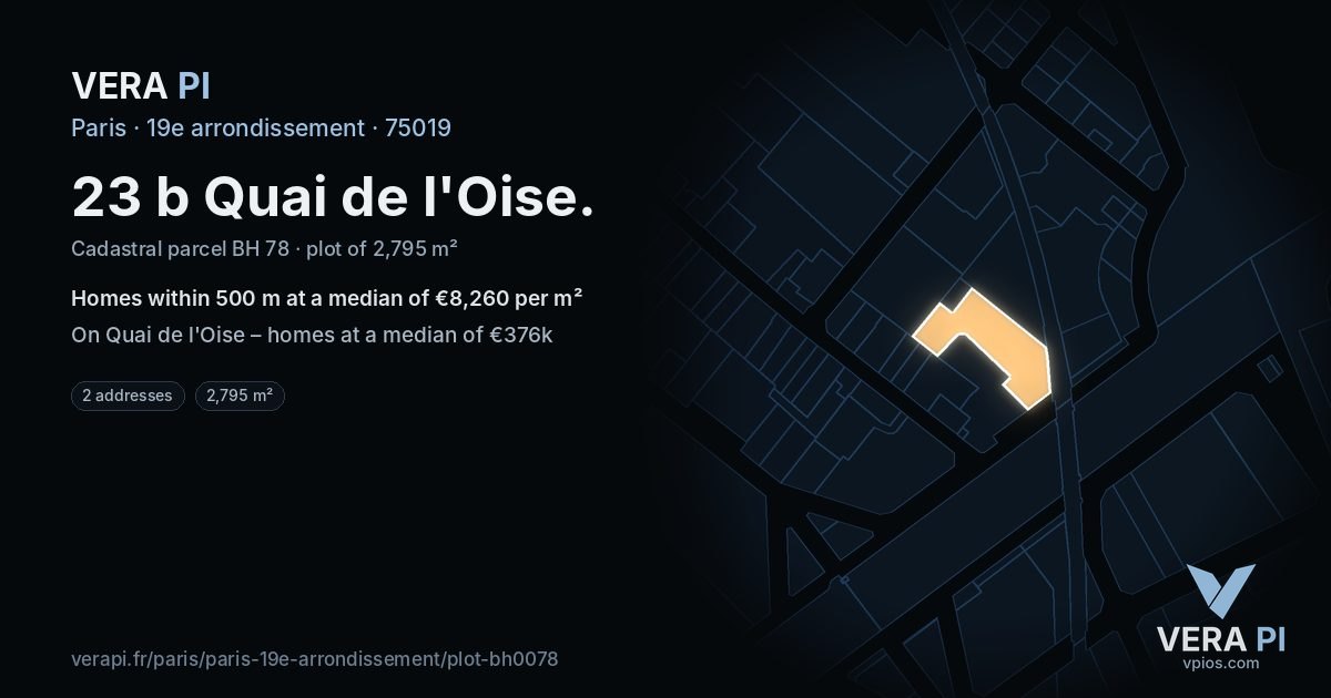 23 b Quai de l'Oise, 19e arrondissement at night – the plot lit, the parcels around coloured by the prices near them