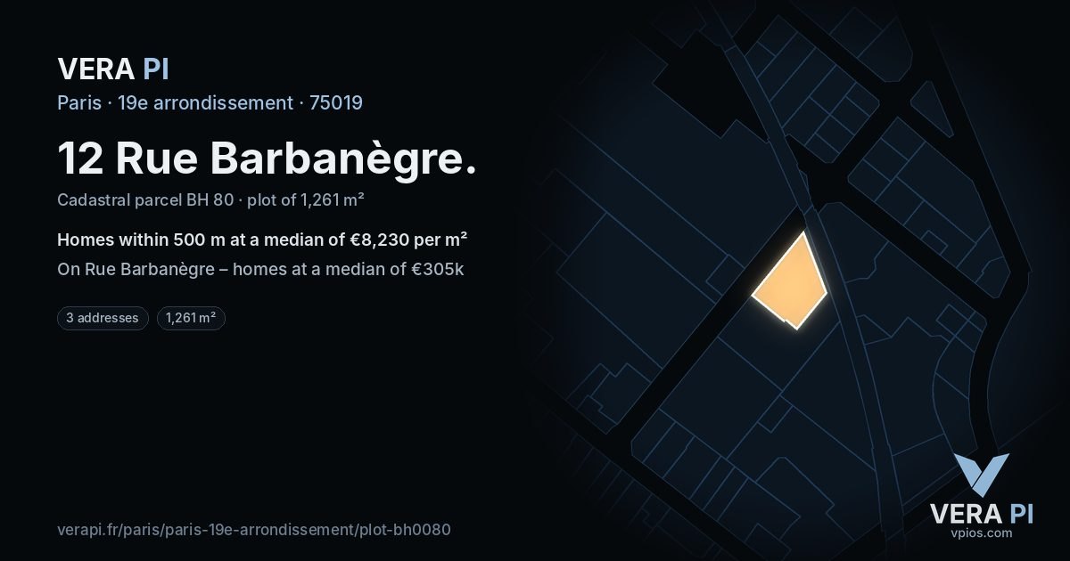 12 Rue Barbanègre, 19e arrondissement at night – the plot lit, the parcels around coloured by the prices near them