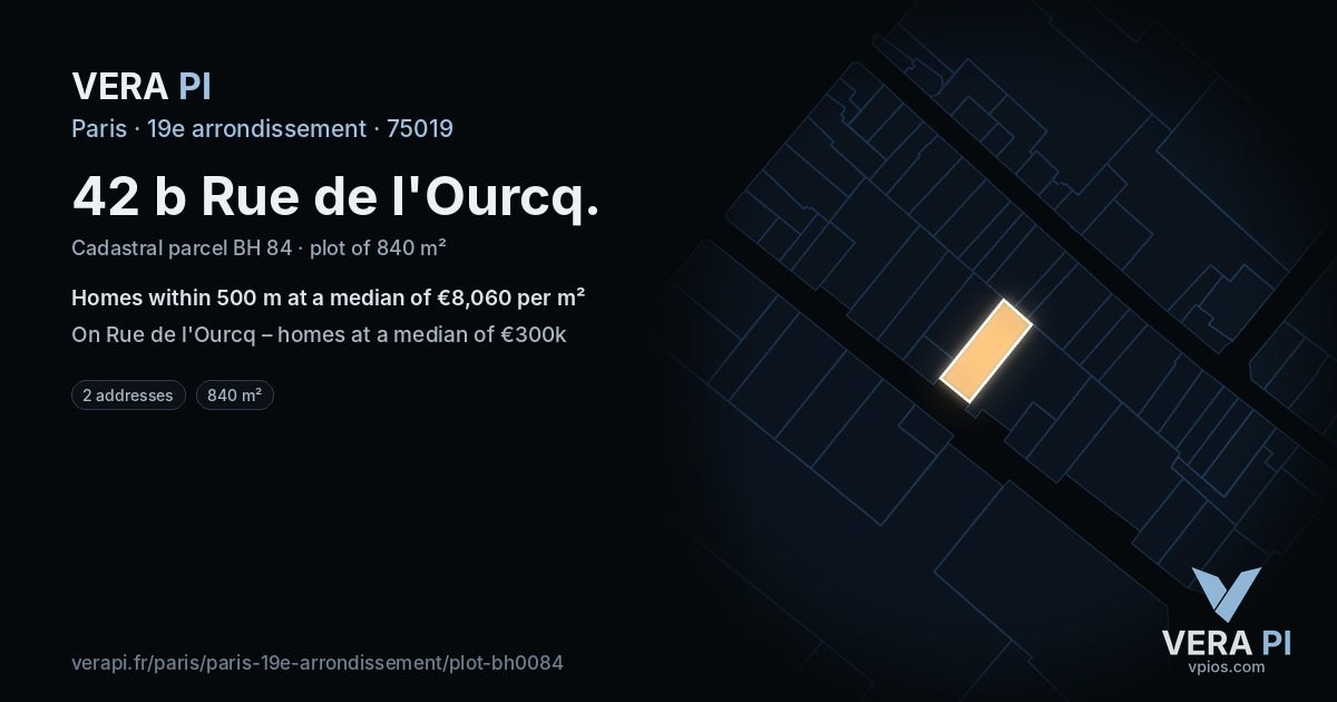 42 b Rue de l'Ourcq, 19e arrondissement at night – the plot lit, the parcels around coloured by the prices near them