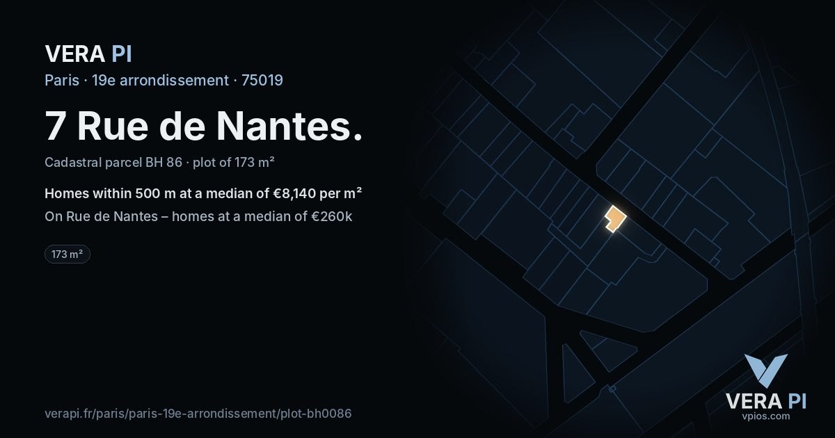 7 Rue de Nantes, 19e arrondissement at night – the plot lit, the parcels around coloured by the prices near them