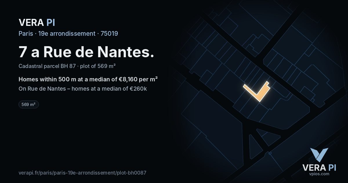 7 a Rue de Nantes, 19e arrondissement at night – the plot lit, the parcels around coloured by the prices near them