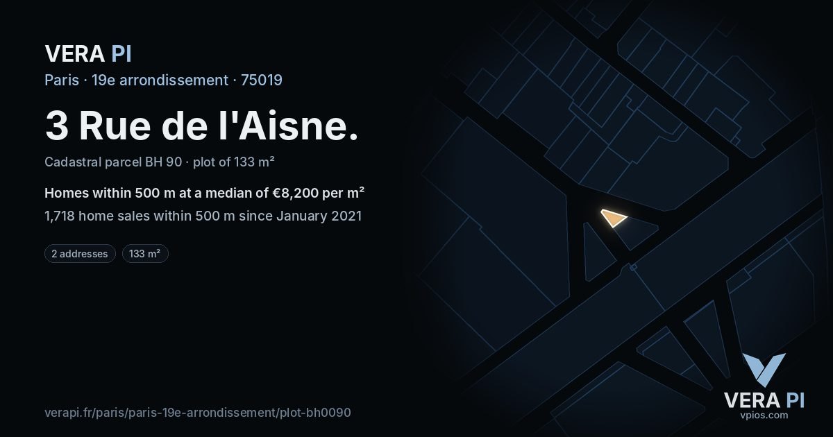 3 Rue de l'Aisne, 19e arrondissement at night – the plot lit, the parcels around coloured by the prices near them