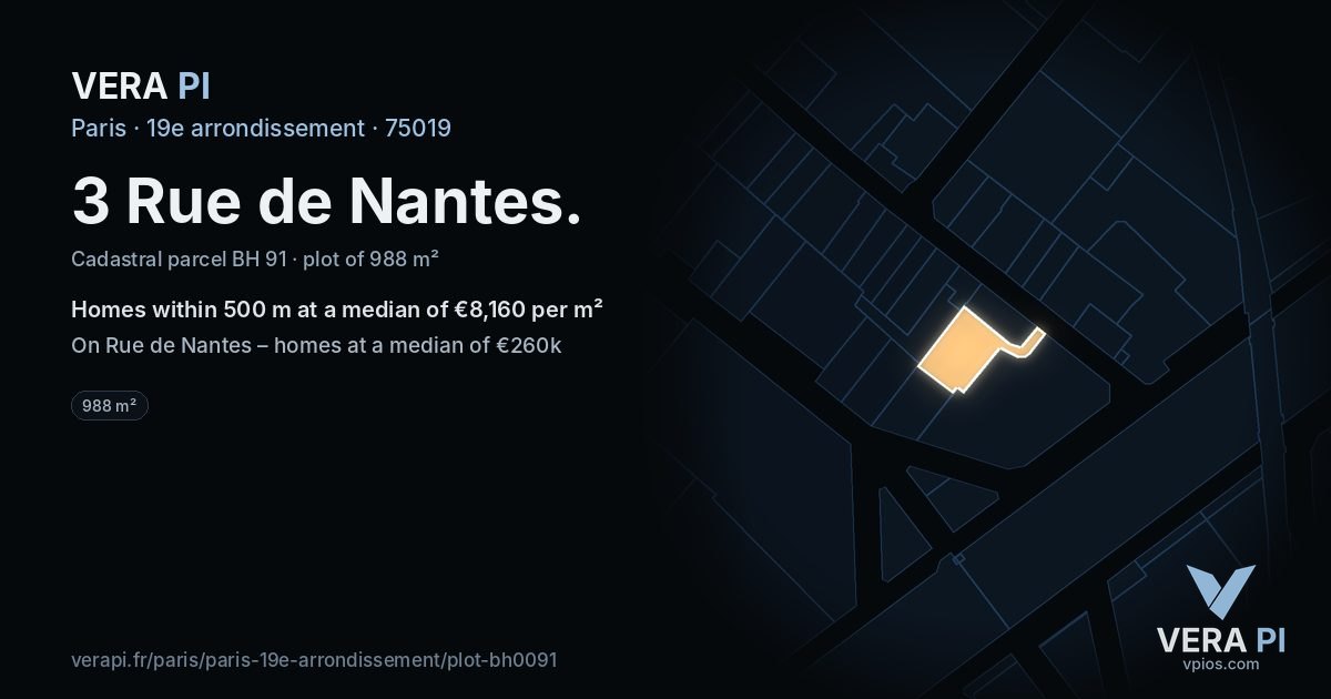 3 Rue de Nantes, 19e arrondissement at night – the plot lit, the parcels around coloured by the prices near them