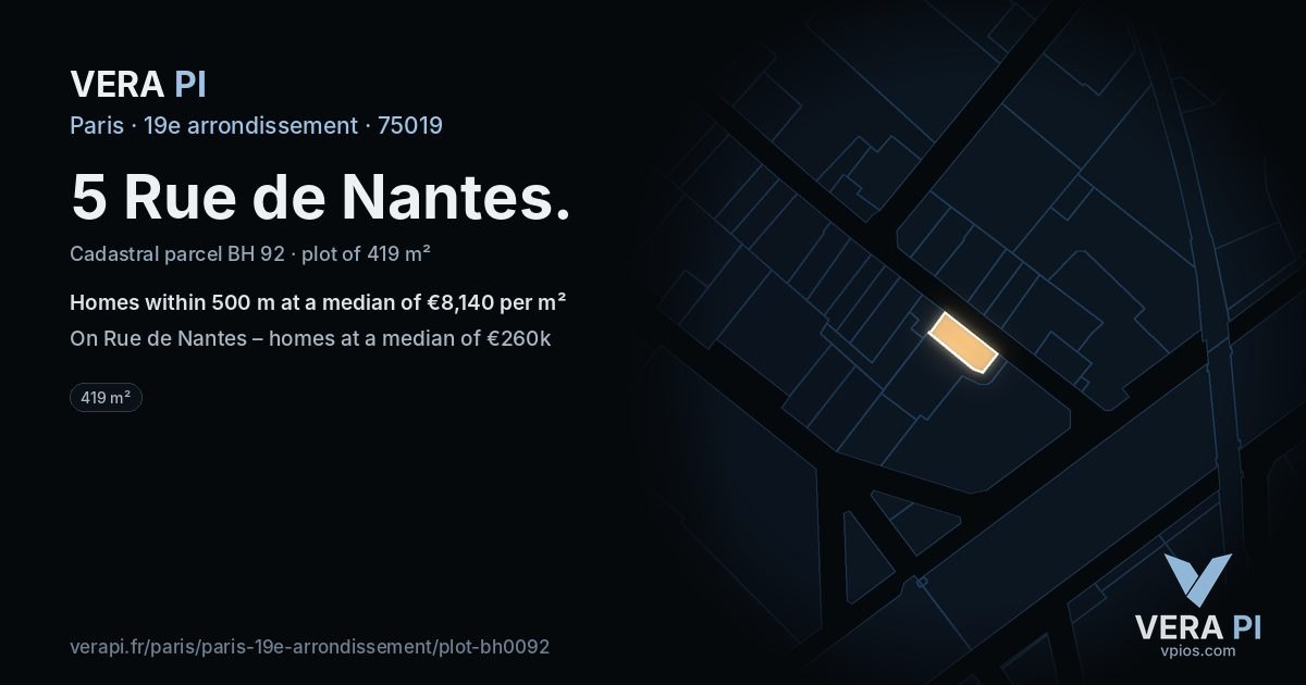 5 Rue de Nantes, 19e arrondissement at night – the plot lit, the parcels around coloured by the prices near them