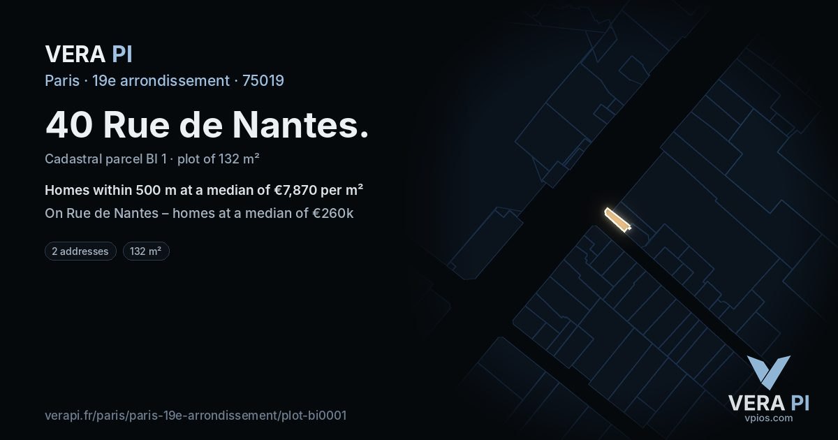 40 Rue de Nantes, 19e arrondissement at night – the plot lit, the parcels around coloured by the prices near them