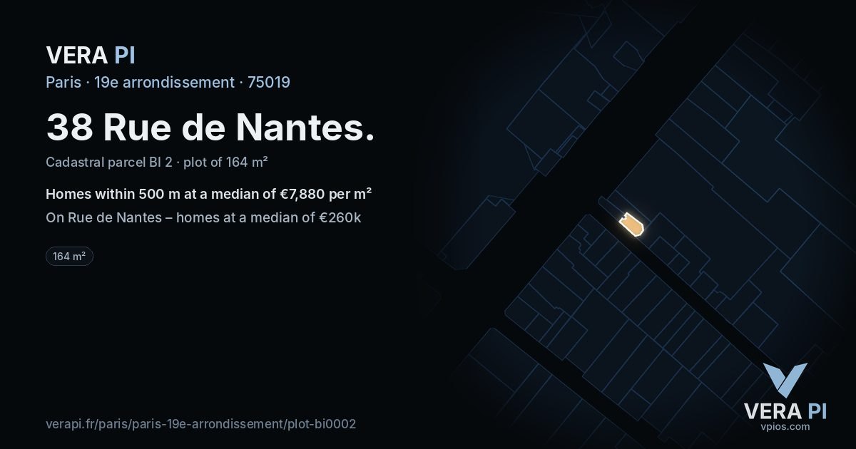 38 Rue de Nantes, 19e arrondissement at night – the plot lit, the parcels around coloured by the prices near them